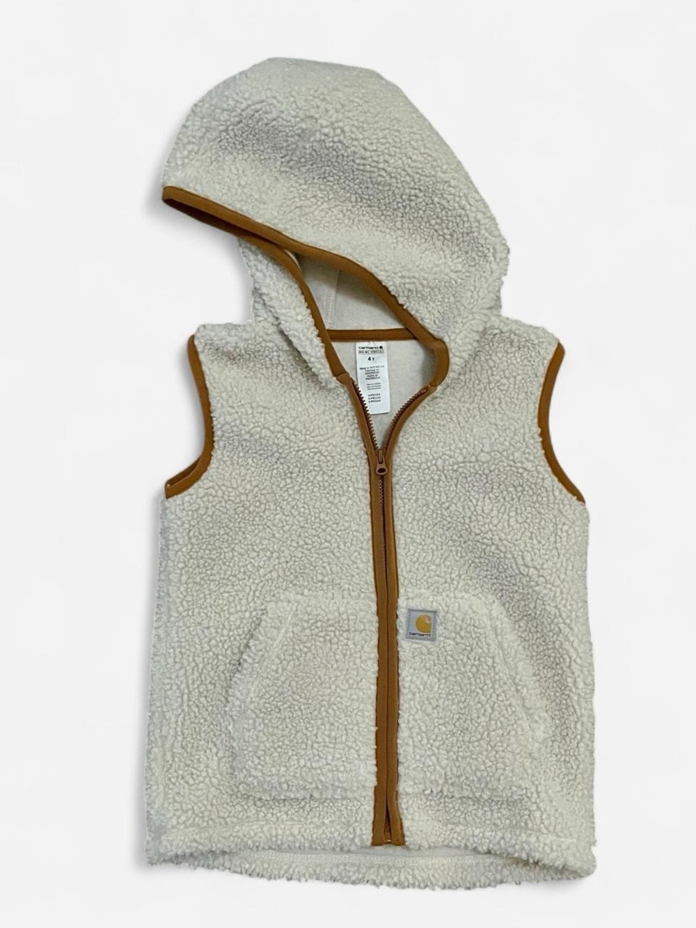 Carhartt Kids Cream Sherpa Hooded Vest with Brown Trim